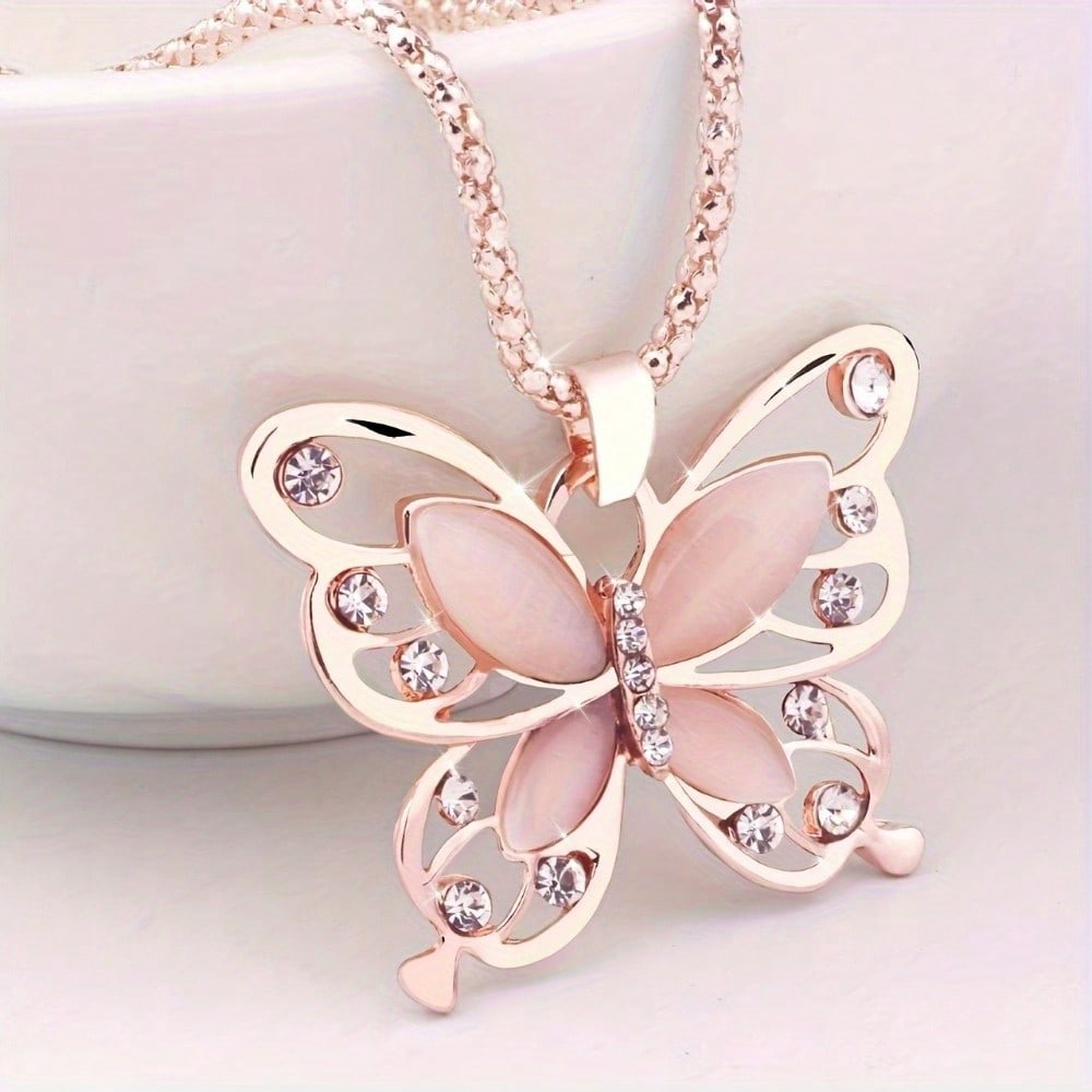 Stainless Steel Butterfly Pendant Necklace With A Rose Gold Faceplate, The Perfect Gift For Birthdays, Anniversaries, Or Casual Outfits.