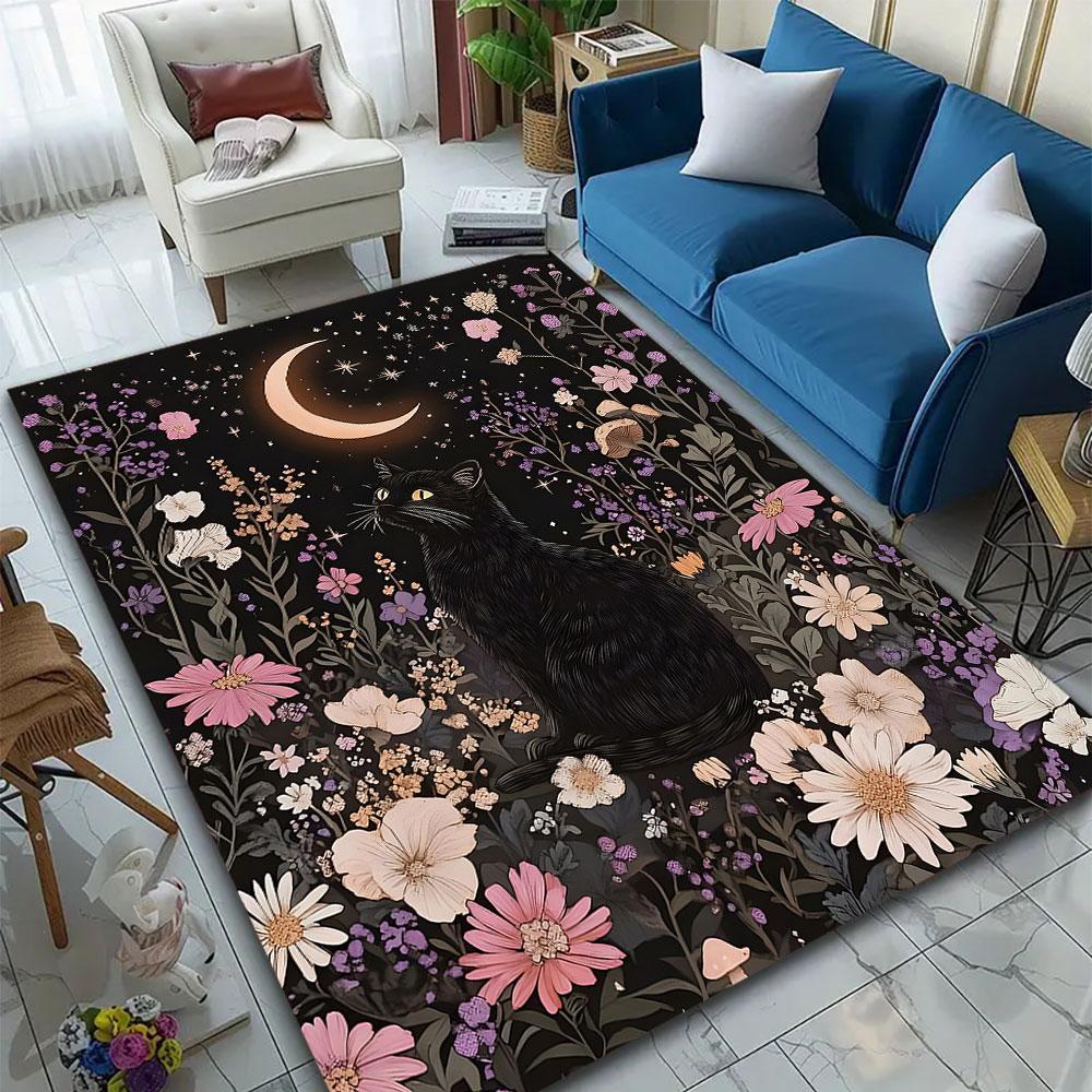 Black Cat Under Moonlit Floral Sky Patterned carpet, suitable as a non slip play mat for the living room and bedroom sofa