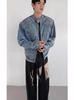 Men's Retro Korean-Style Deconstructed Denim Jacket with Stand Collar and Shoulder Pads