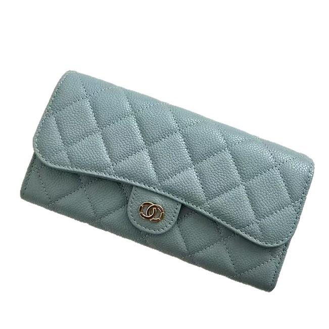 2026 New Caviar Patterned Cowhide Long Three Fold Wallet Hand-held Bag Chain Strap Crossbody Genuine Leather Women's
