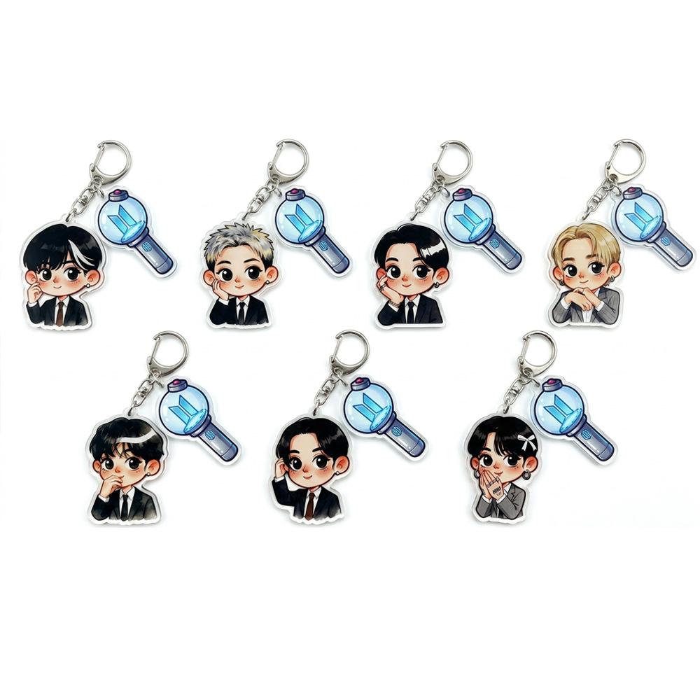 

7pcs BTS Cute Keychain, Bangtan Boys Suit Cartoon Figure Keyring with Lightstick Charm, Kpop Idol Cartoon Bag Pendant for ARMY Fans 7pcs