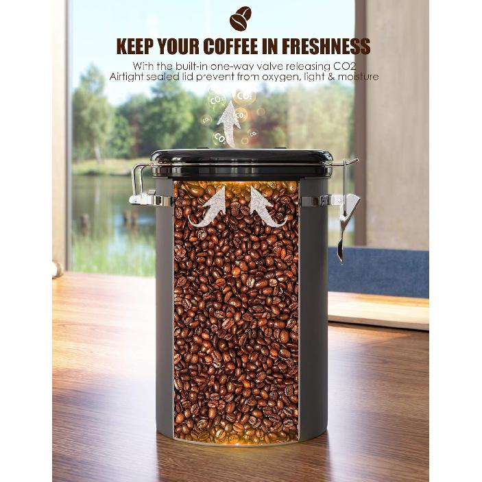 HAIOOU Airtight Coffee Canister, 22OZ Large Stainless Steel Coffee Bean Storage Container with Date Tracker, Measuring Scoop, CO2 Releasing Valves