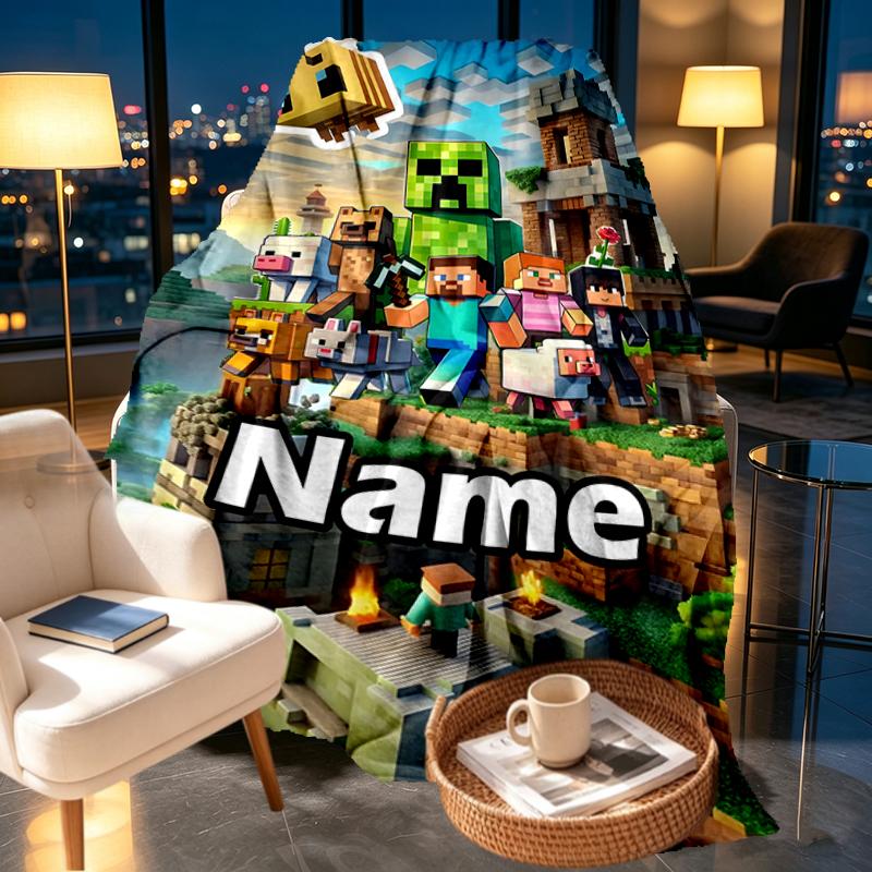 Custom Name Personalized Minecraft Print Blankets, Home Decor, Bedroom, Sofa, Camping, Couch, Gifts for Birthday Christmas