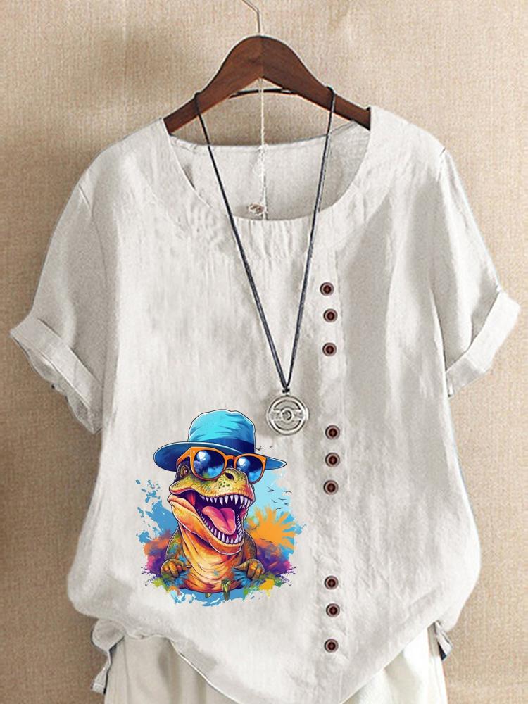 Women's Fashion Colorful Dinosaur Print Round Neck Short Sleeve T-shirt Summer Casual Cotton Linen Graphic Shirt Leisure Loose Blouse Tops