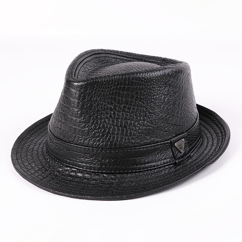 Men's Cowhide Fedora Hat - Autumn/Winter Retro Leather Gentleman's Jazz Cap for Middle-Aged & Elderly