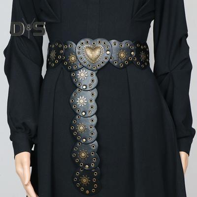 Retro Western Cowboy Belt Hollow Hole Metal Heart Stitching Waistband Solid Color Faux Leather Adjustable Belt Costume Accessories