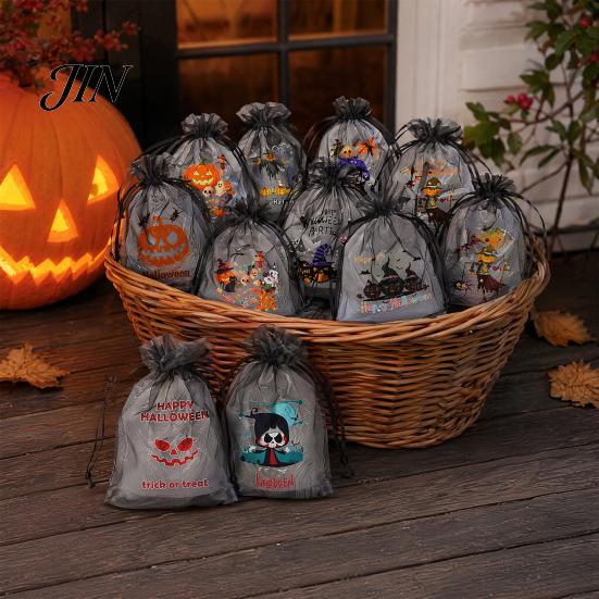 Halloween Candy Bag 12 Pcs Organza Bag, Drawstring Treat Pouch with Pumpkin Ghost Bat Party Favor Print, Sheer for Snacks, Trick or Gift Packaging
