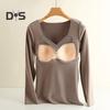 Women Bottoming Tops V-Neck Chest Padded Long Sleeve Thermal Tops Elastic DE Velvet Fabric Tee Shirt