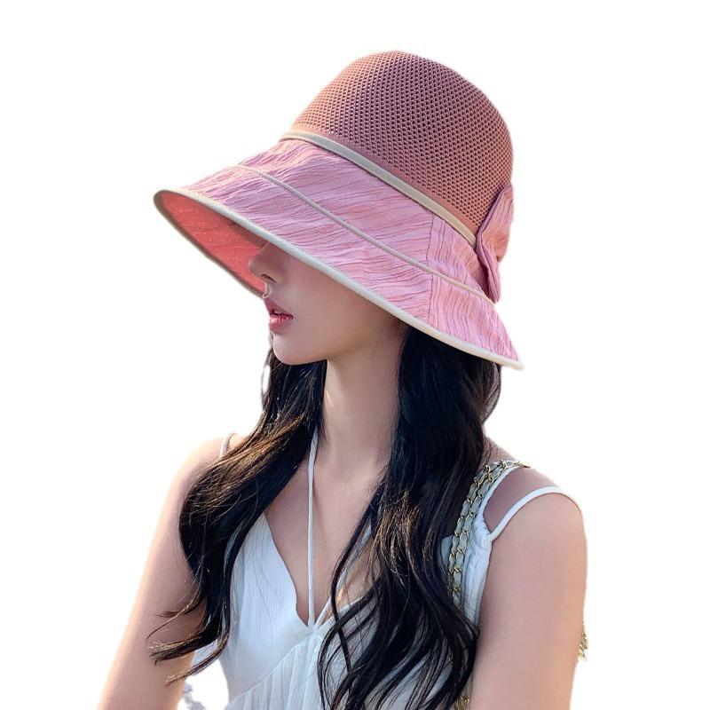 Spring and Autumn New Hat Women's Knitted Mesh Bow Bucket Hat Summer Colored Glue Sunscreen Visor