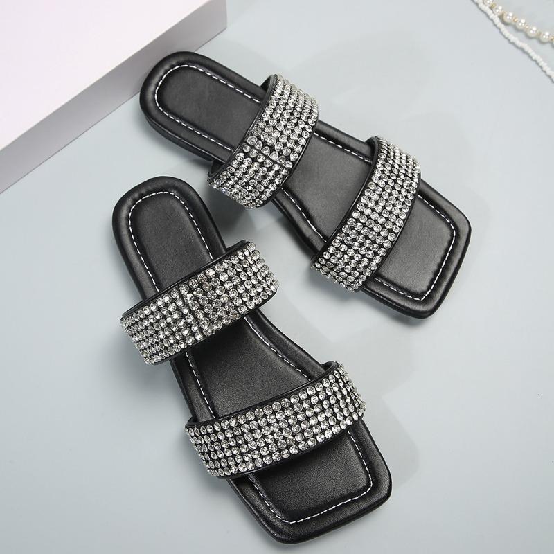 Fashion Summer New Flat Sandals Women's Fashion Square Head Open-toe Rhinestone Soft Bottom Slip-resistant Wear-resistant Slippers