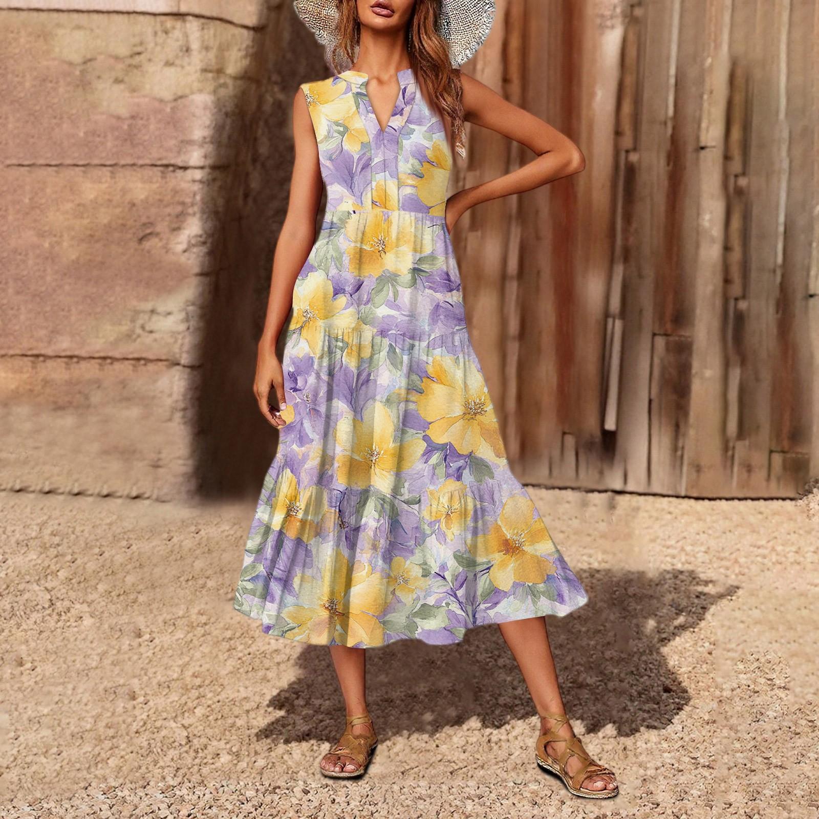 

Женское повседневное и модное платье средней длины с V-образным вырезом без рукавов и принтом L