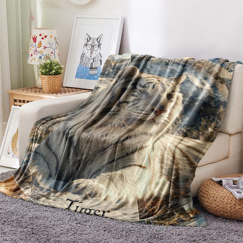 White Tiger Print Flannel Blanket, High Quality Comfortable for All Seasons, Home Decor, Warmth and Comfort, Perfect for Christmas Gifts