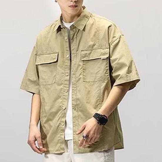 Men Shirt Solid Color Hip-hop Cool Young Style Buttons Loose Type Single-breasted Cardigan Lapel Summer Shirt Men Clothes