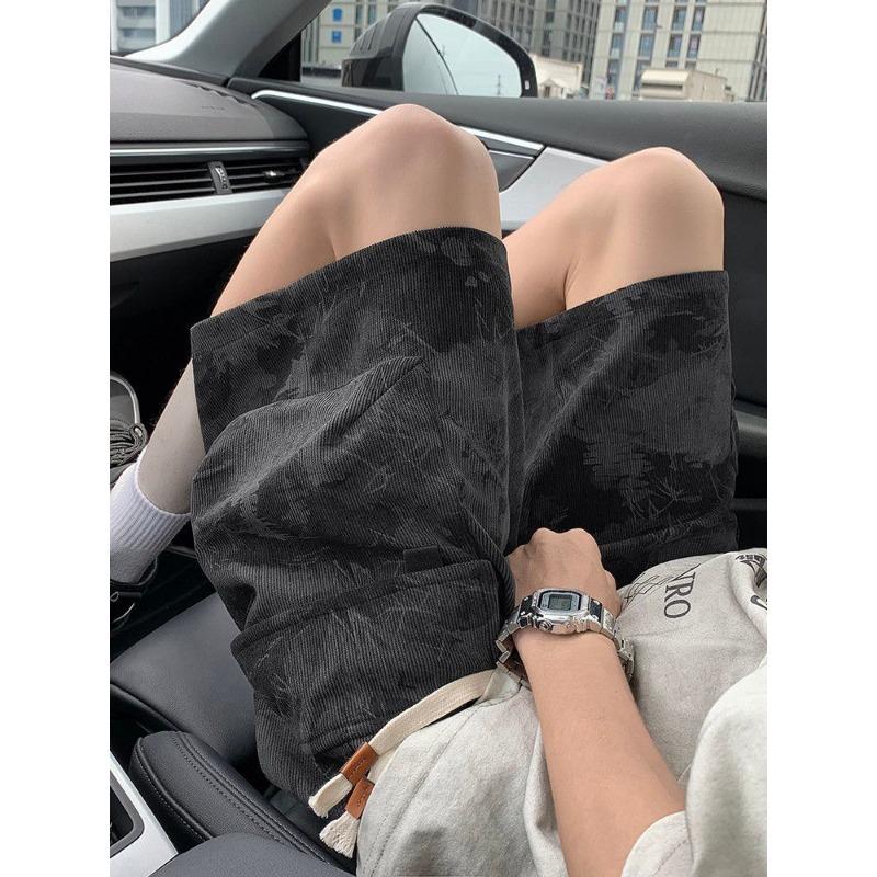 Men's Black White Printed Corduroy Casual Loose Summer Streetwear Fashion Comfortable Daily Shorts