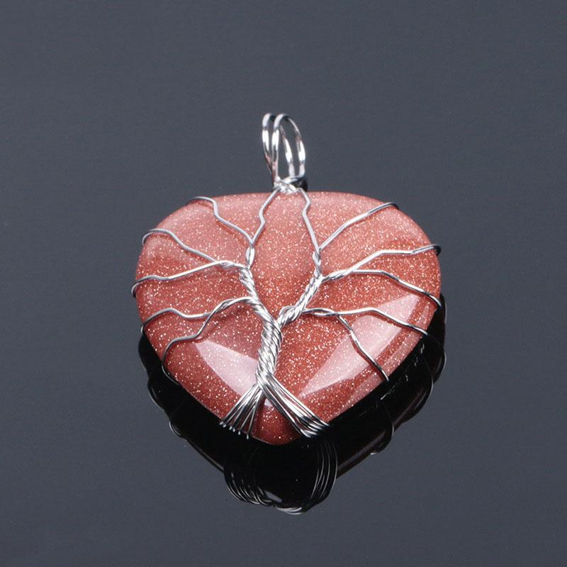 Natürlicher Stein Lebensbaum Drahtumwickelt Liebesherz Halskettenanhänger Natürlicher Stein Tigerauge Rosa Quarz Schwarzer Achat Für Frauen