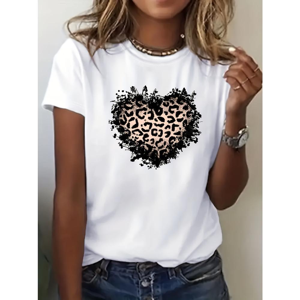 

Springsummer and autumn knitted fabric fashionable leopard print heart-shaped design women s casual crew neck S