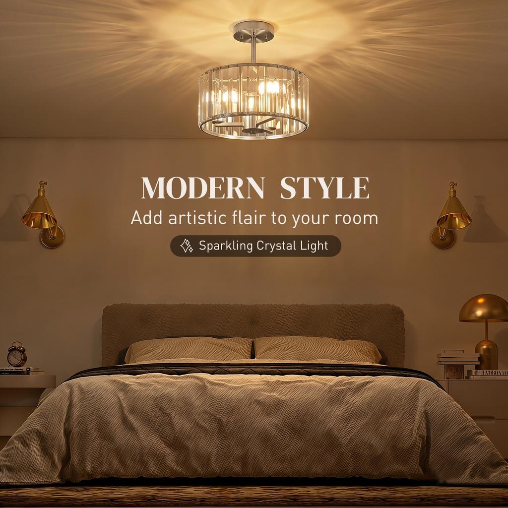Semi Flush Mount Modern Crystal Chandelier Ceiling Light, Crystal Ceiling Light Fixture with E14 Base, Silver Tone