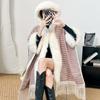 Cloak Shawl Wool Jacket Women'S Winter Hooded Medium Long Fleece Thickened Versatile Plaid Fringed Cloak Coat