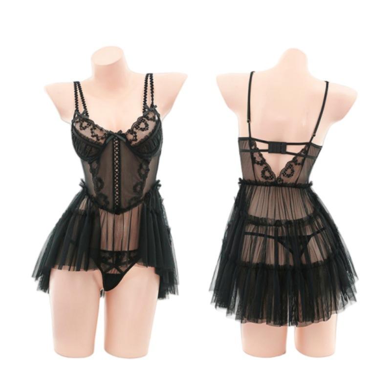 Ballet skirt sexy lace erotic underwear embroidered mesh see-through beautiful back suspender steel support gathering pajama dress