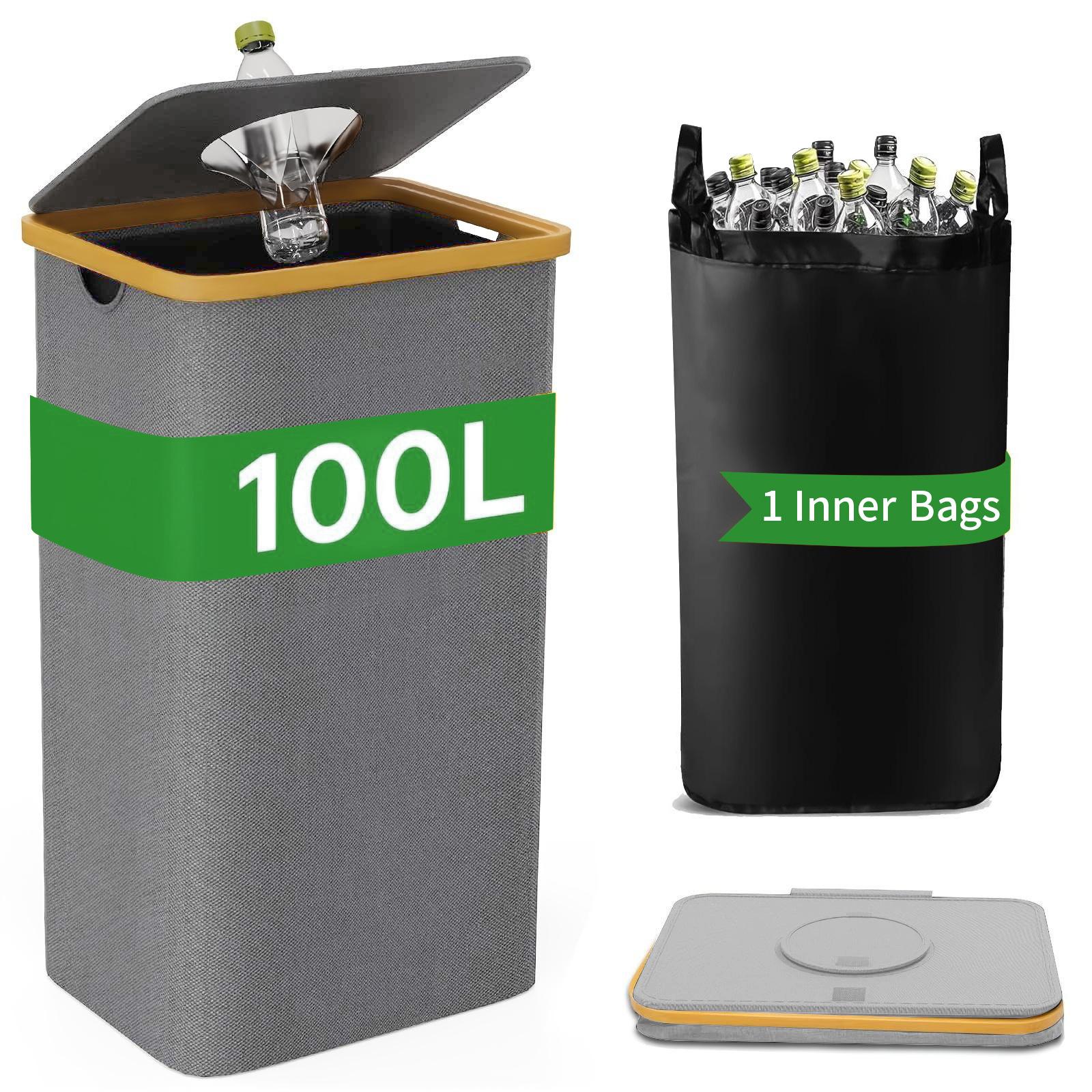 LMETJMA 100L Recycling Bin Large Capacity Kitchen Recycling Bin with Bamboo Lid Foldable Recycle Bin with Reusable Inner Bags