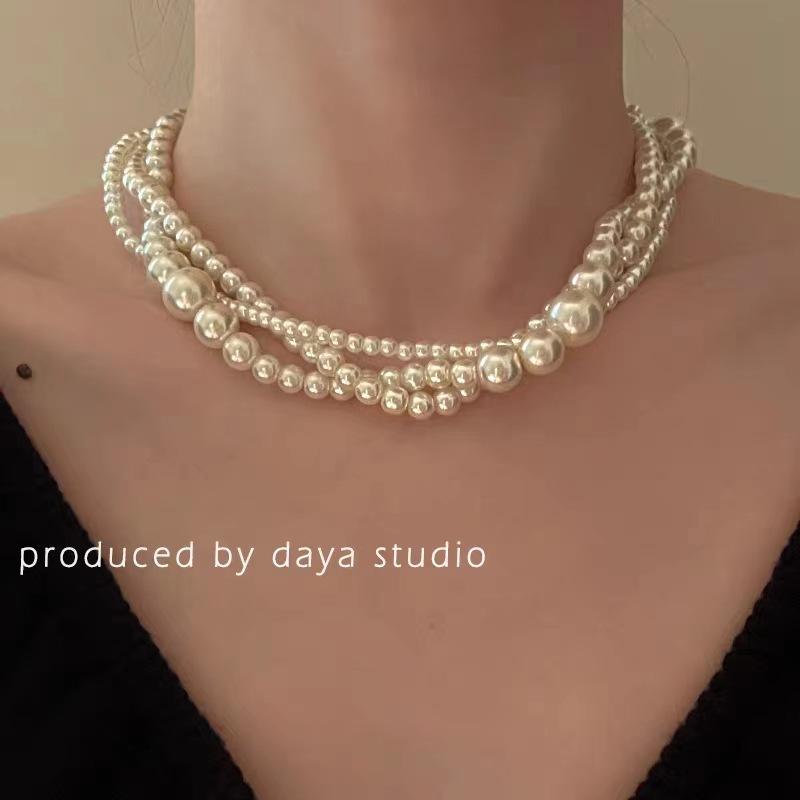 Y2K Layered Pearl Necklace for Women, Multi Layer French Retro Choker, Dainty Minimalist Stackable Pendant Chain, Daily Elegant Jewelry Gift