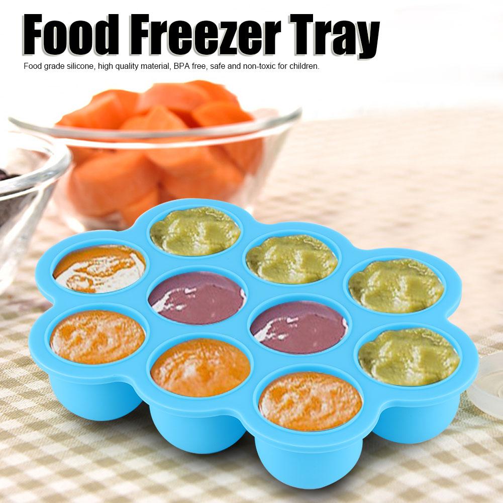 Silicone Food   Tray 10 Holes Reusable Container with Lid for Homemade Baby Food(Blue )