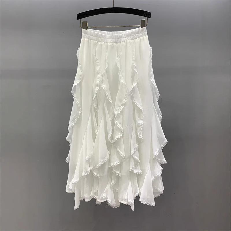 Irregular lace splicing chiffon skirt women's spring and summer new fashion high waist and thin a word big swing skirt