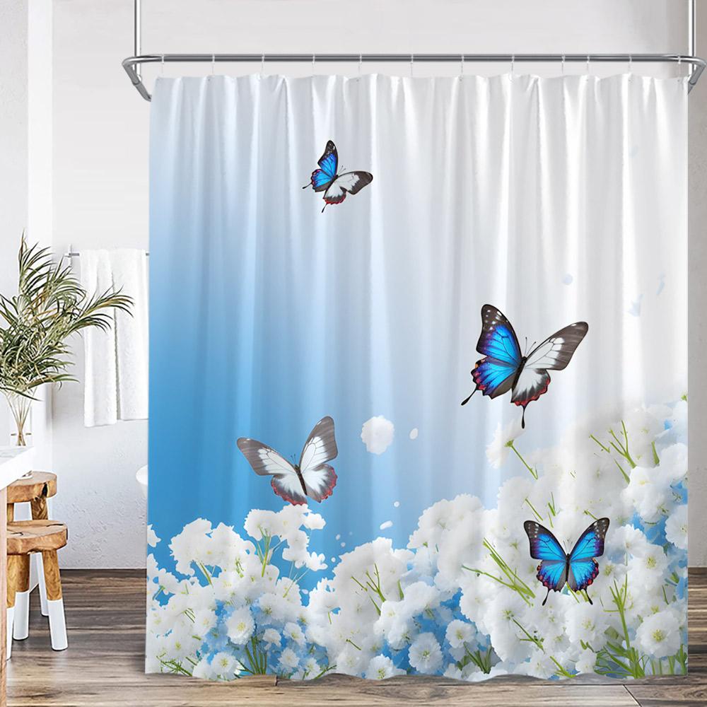 Colorful Butterflies Floral Shower Curtain Flowers Plants Blooming Blossom Bathroom Decorations Polyester Bath Curtain With Hook