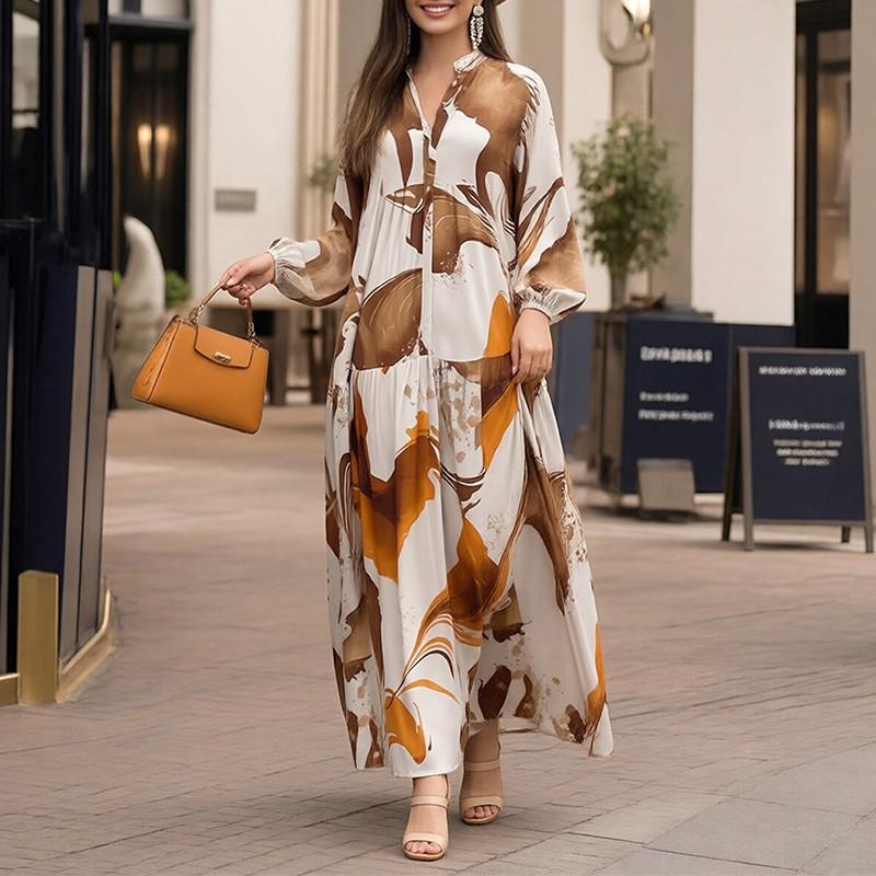 Womens Loose Floral Print Long Sleeve Wrap Dress With Lantern Sleeves High Waist A-Line Midi Casual Elegant