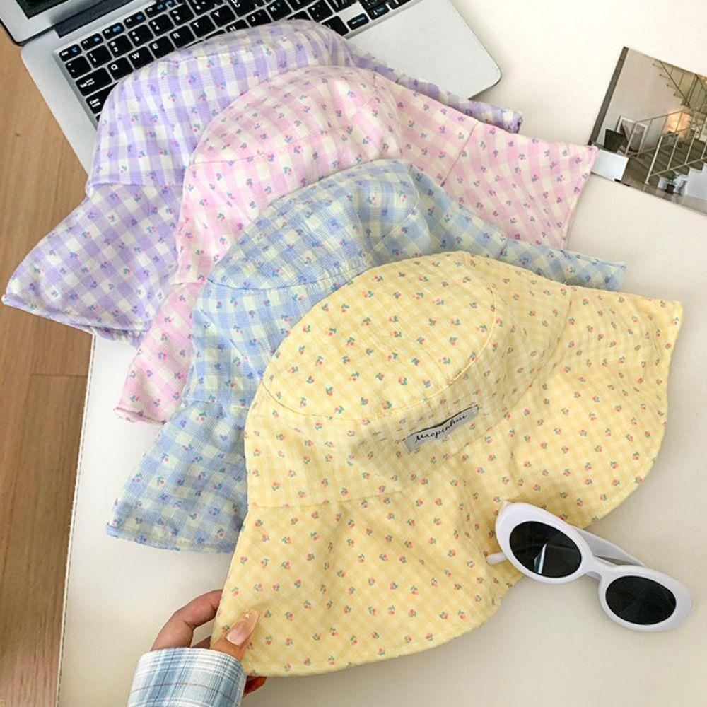 Floral Plaid Fisherman Hat Adjustable Sunscreen Hat Fashion Sunshade Hat  Summer
