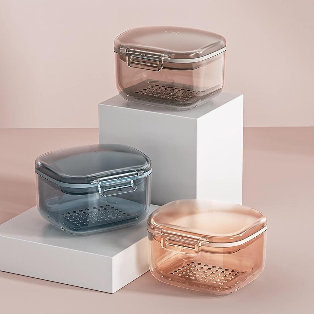 Denture Bath Case Cup Box Portable Denture Holder Storage Soak Container for Travel Cleaning, Mouth Guard Night Gum Retainer False Holder Case for