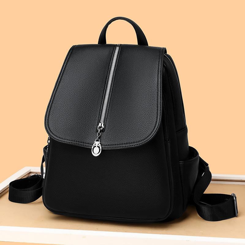 Damen Weiche Leder Pendlertasche Schwarz Schlicht und Leicht Shopping Reise Rucksack Freizeitrucksack