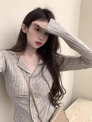 Women's American Style Slimming Lapel Cardigan - Autumn Long-Sleeved Knitted Sweater