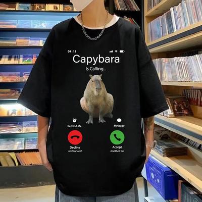 Funny Capybara Calling T-shirt Lovers Gift Largest Rodent Cavy Print T-shirts Summer Fashion Casual Oversized T Shirts Unisex