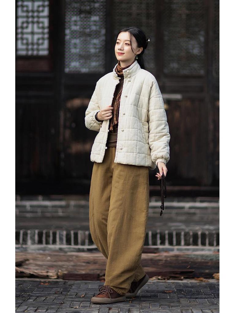 Women's Winter Quilted Plaid Stand Collar Coat - Chinese Retro Style