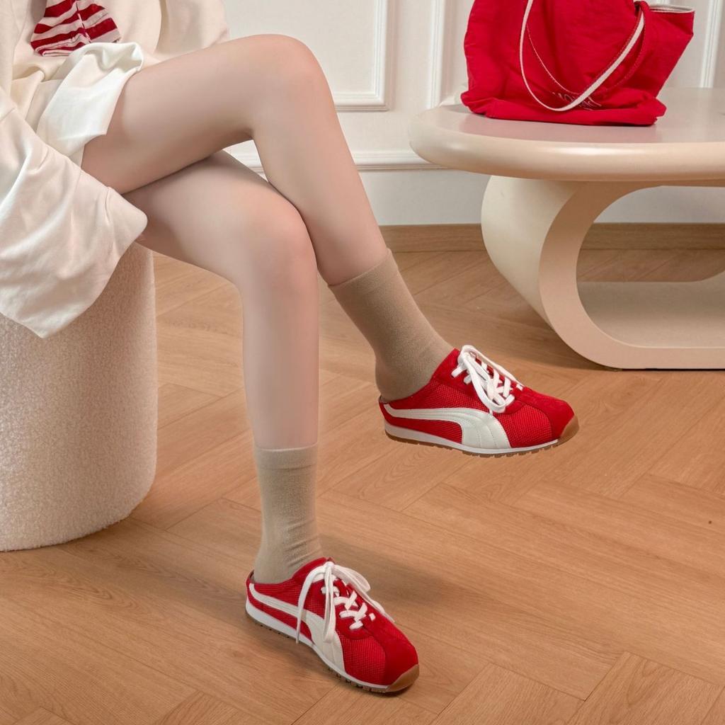 Retro inner height-increasing mesh bag head half slippers women's one-pedal lace-up board shoes