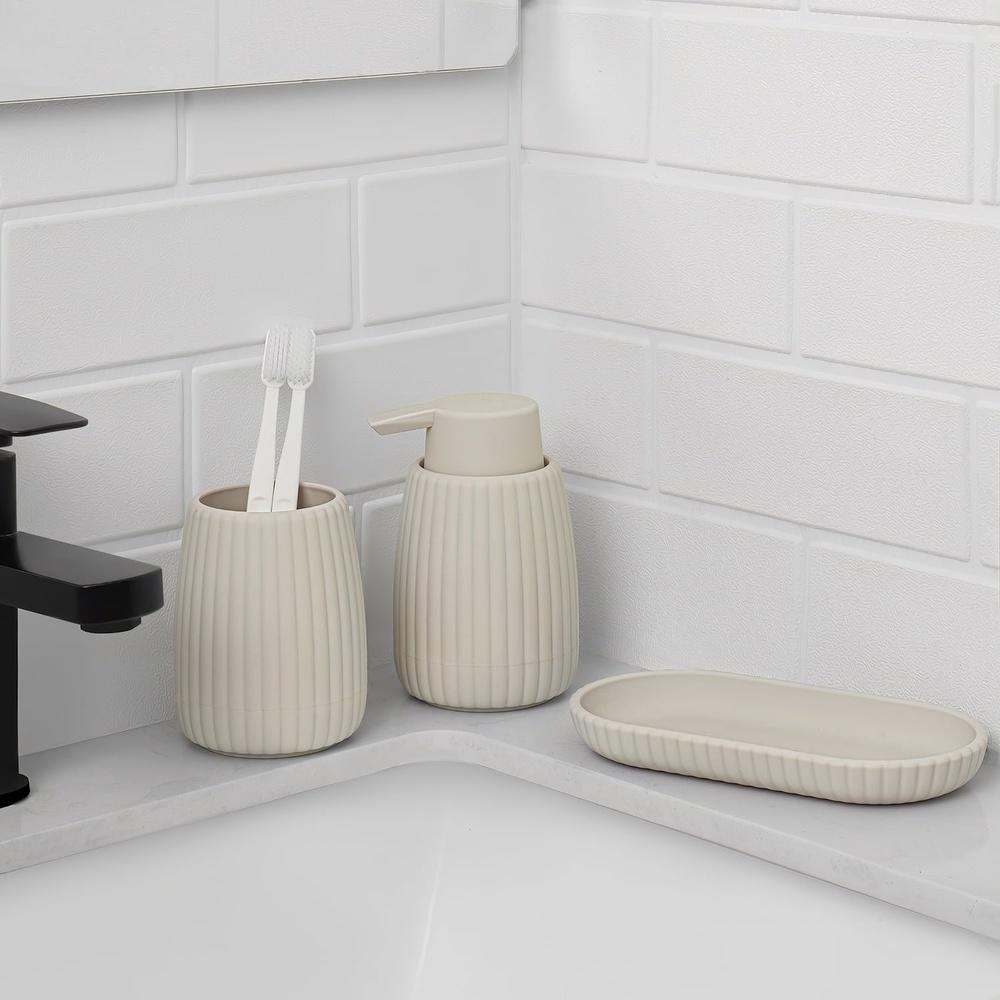 Rubberized Plastic Ribbed 4-Piece Bath Accessory Set Toothbrush Holder Soap Pump Wastebasket Organizer Durable Bathroom Décor