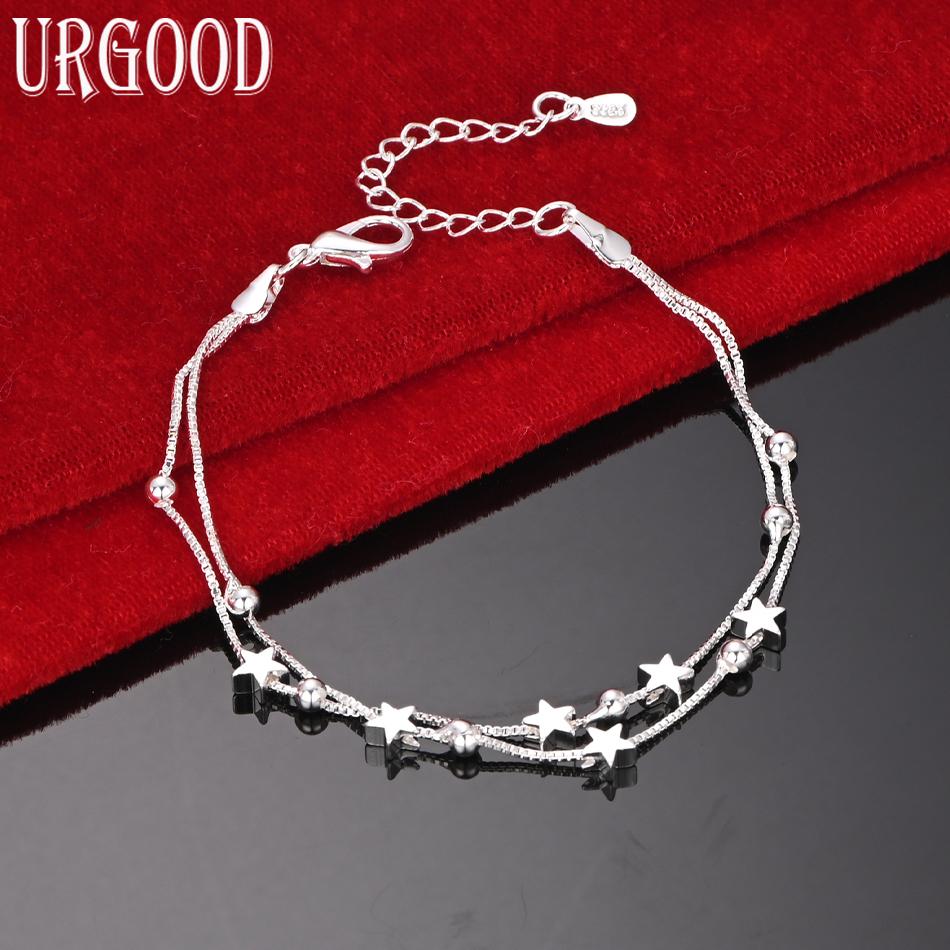 925 Sterling Silver Checkered Chain Star Bracelet Wedding Jewelry