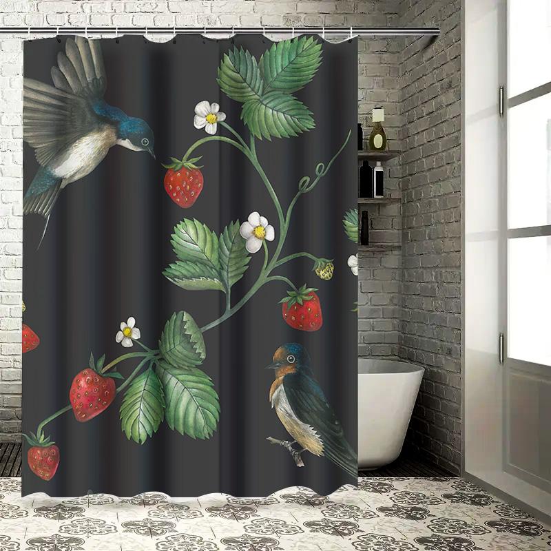 Outdoor Shower Curtain Waterproof Polyester Fabric Printed With Birds Strawberry Design For Bathroom Decoration (Black Size180X2