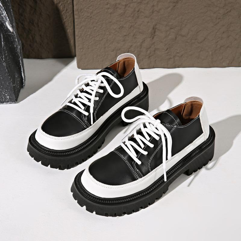 Retro women's spring and autumn new fashion versatile lace-up thick heel heightening single shoes British small leather shoes