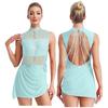 Women Figure Skating Ballet Dance Dresses Sleeveless Backless Sheer Mesh Overlay Shiny Rhinestones Asymmetrical Dress Dancewear