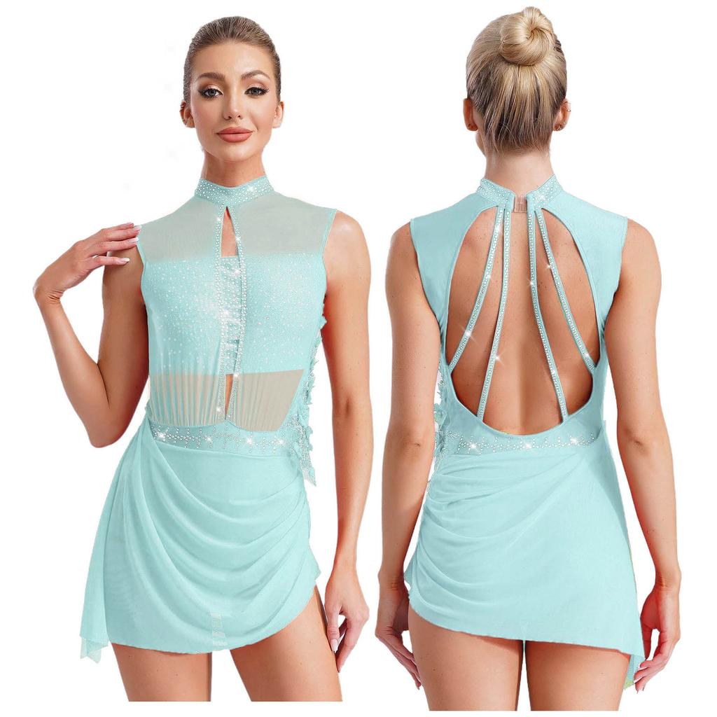 Women Figure Skating Ballet Dance Dresses Sleeveless Backless Sheer Mesh Overlay Shiny Rhinestones Asymmetrical Dress Dancewear