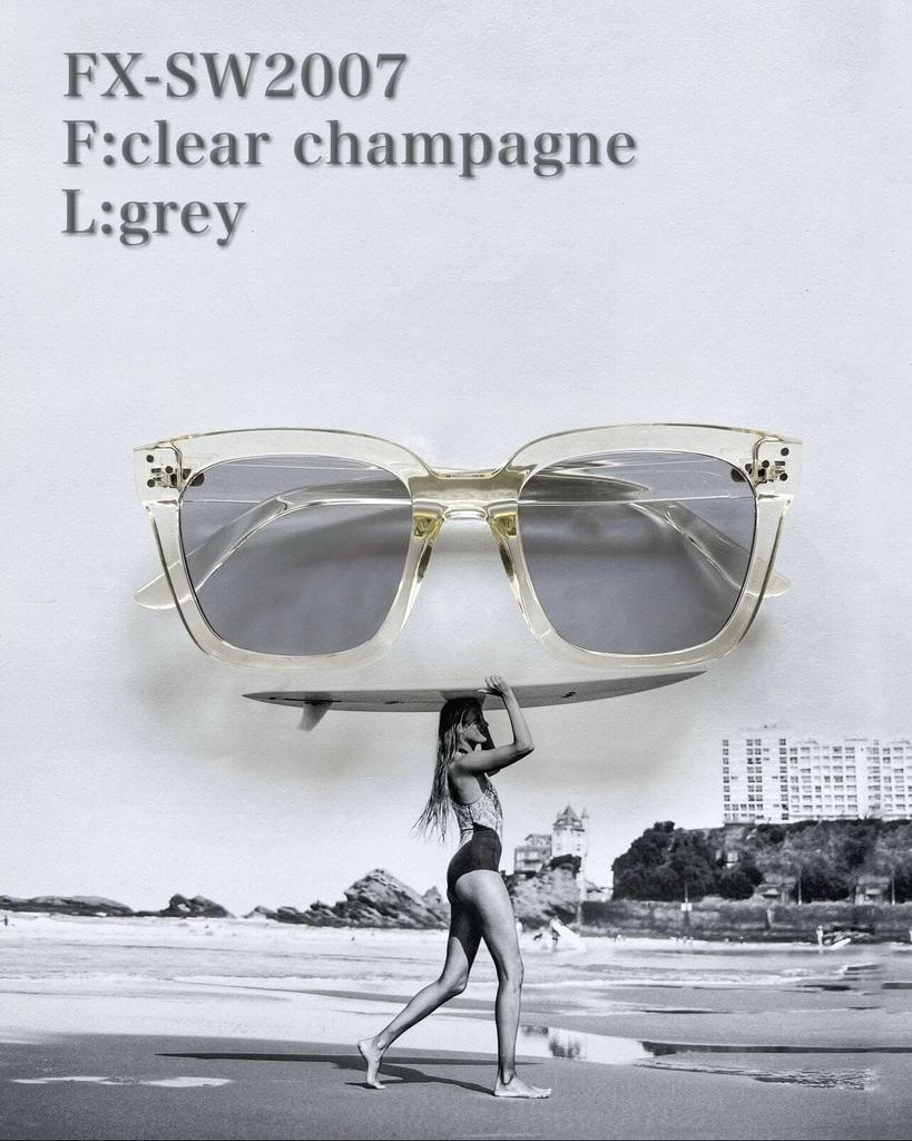 Square Wide 2 Sunglasses clear champagne Brand Popular Stylish Fashion Glasses UV Protection [Flex] (F L grey) Women's Men's
