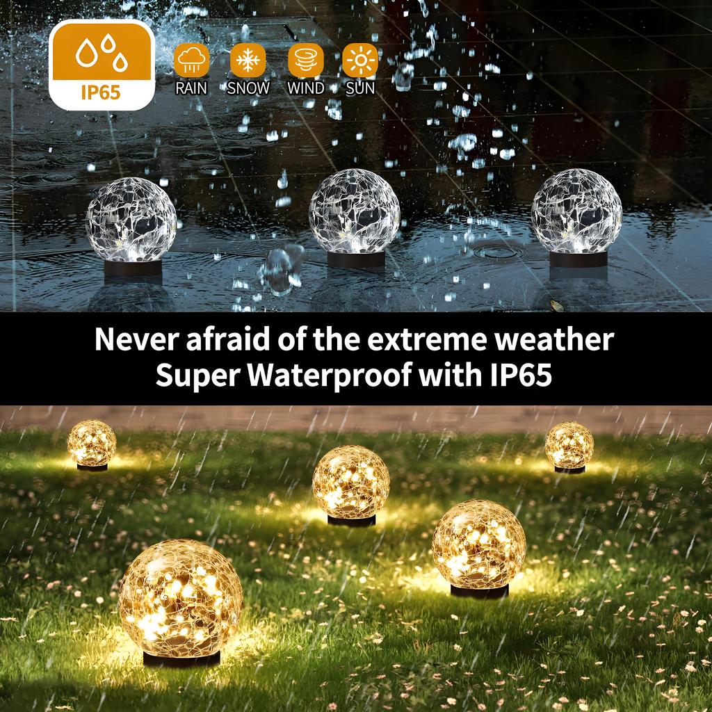 Solar Powered Globe Lights Outdoor, Waterproof Cracked Glass Ball Design for Garden & Patio Decor - Automatic Evening Glow
