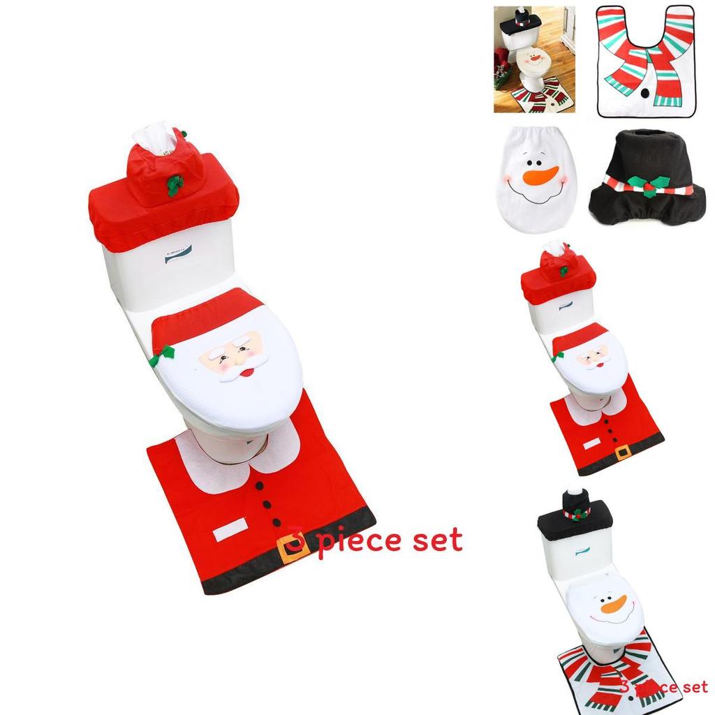 Christmas Themed Santa Claus Snowman Pattern Toilet Cover Three Piece Set For Holiday Bathroom Decor