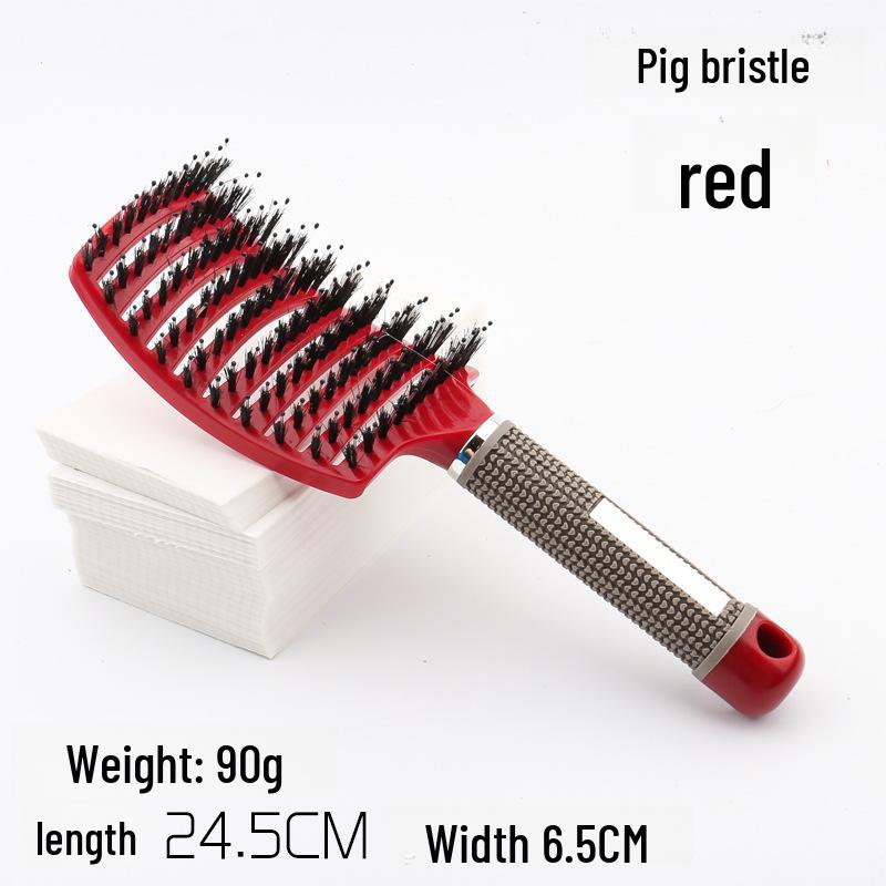 Large Anti-Static Curved Massage Comb for Curly Hair - Pig Bristle, Nine-Row, Plastic