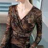 Coffee-colored Mesh Top New Autumn Long-sleeved V-neck T-shirt for Women Tie-dye Thin Base Shirt