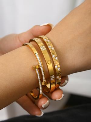 Mode Persönlichkeit Damen Edelstahl Fünfblattklee, Liebe eingelegtes Zirkon Armband, Doppelkopf eingelegtes Zirkon Armband