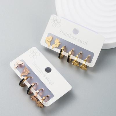 Women Simple Hoop Earrings Six-piece Set Stainless Titanium Steel Zircon Gold Color Fish Geometric Ear Ornaments