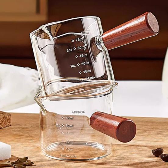 Målekopp i glass med trehåndtak Espresso Melk Kaffekopp 100 ml Dobbel skala Klar Kaffebryggeutstyr